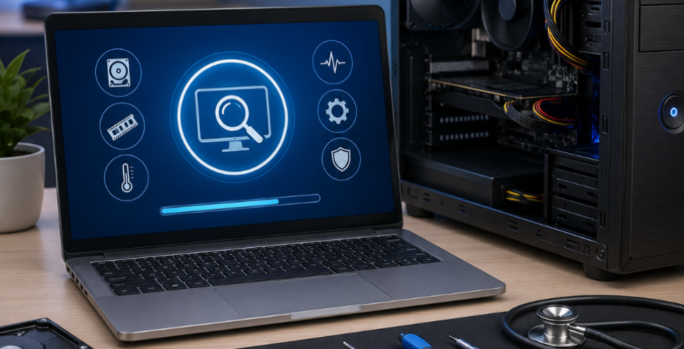 Malware scanner software running on a laptop next to an open desktop computer during PC security diagnostics.